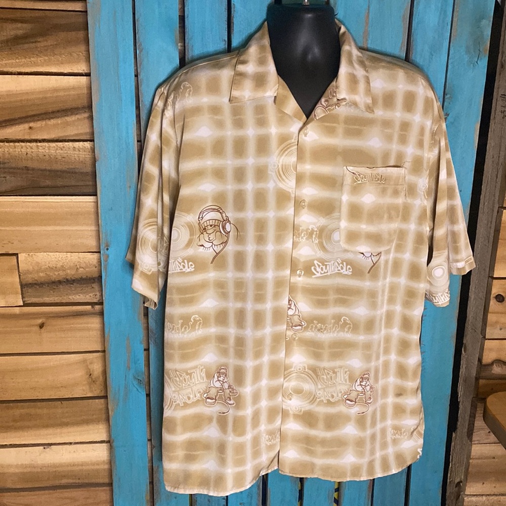 Vintage 90s South Pole AOP lounge shirt size large tan white polyester Korea